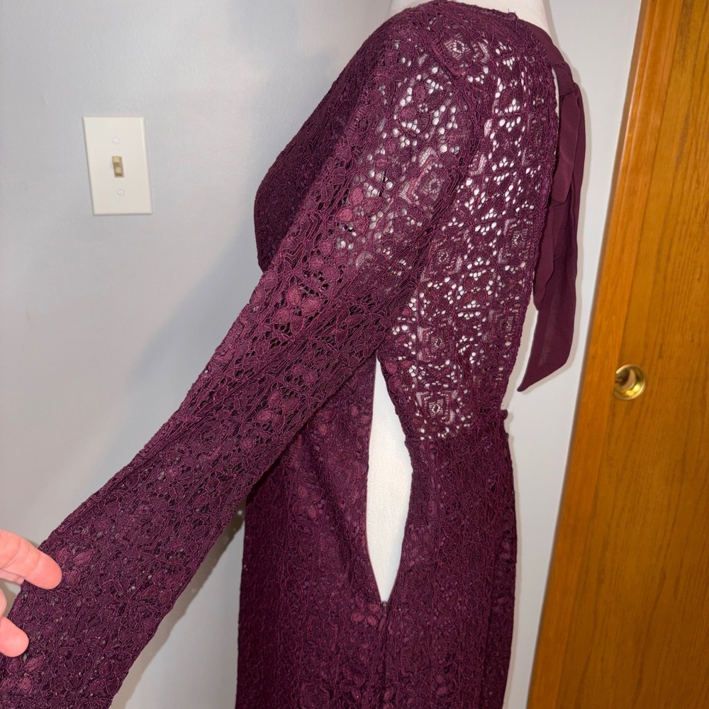 Free People Honey Honey mini dress Burgundy Lace V-Neck Open Back Long Sleeve - Picture 9 of 13